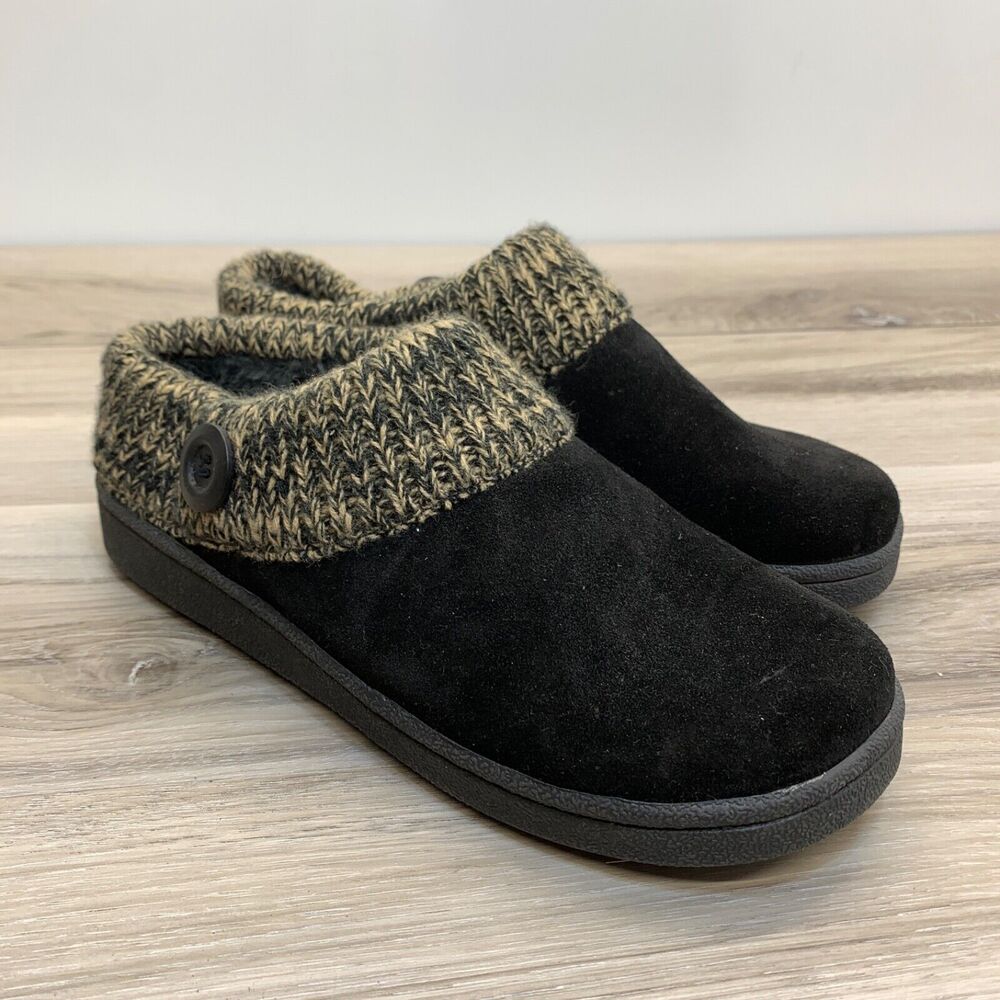 Clarks Womens Size 8M Black Leather Faux Fur Slip On Clog Slippers Knit Trim